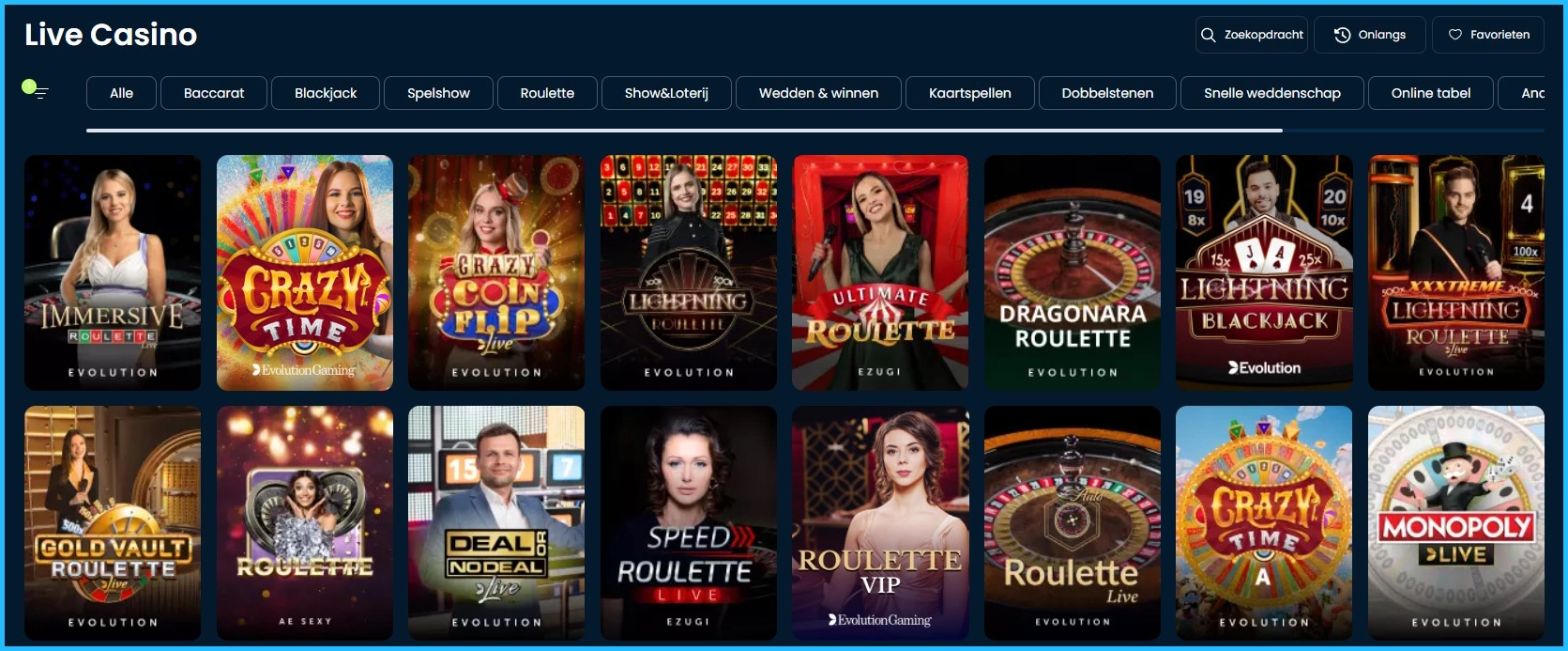 Centrale lobby van het live casino bij Grams Bet