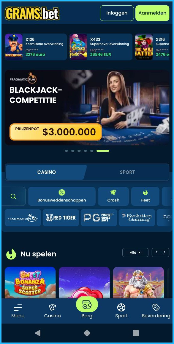 Compact overzicht van de hoofdrubrieken van Grams Bet